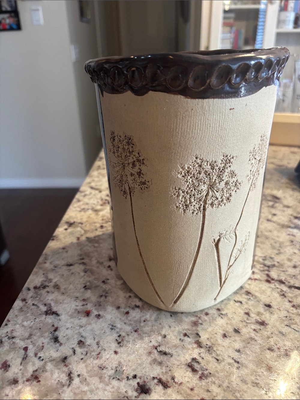Decorative Cream Ceramic Vase with Brown Trim - Home Accents